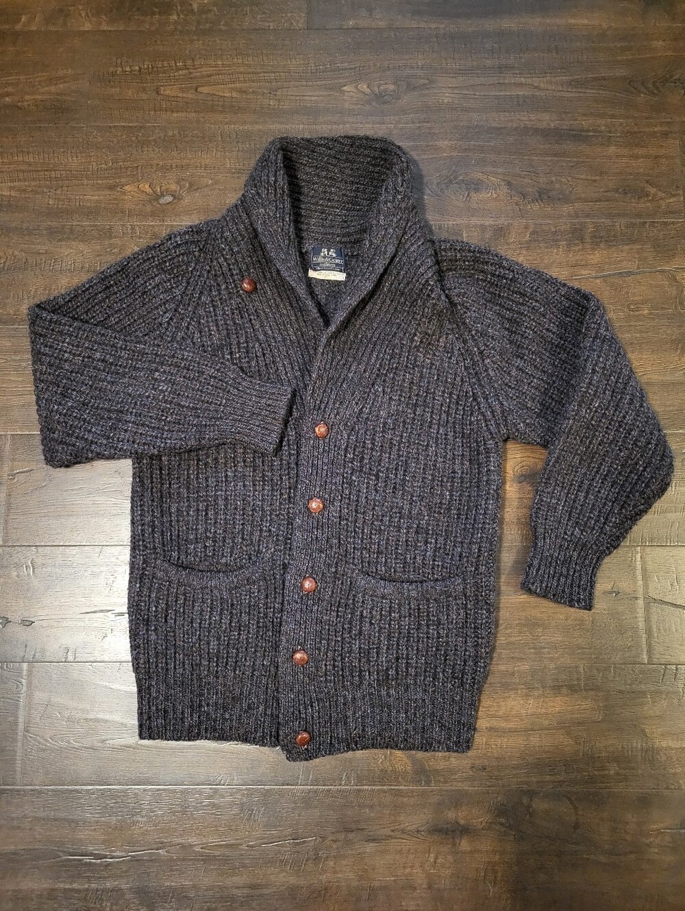 Vintage Willis & Geiger 100% Shetland Wool Shawl Collar Cardigan Sweater M